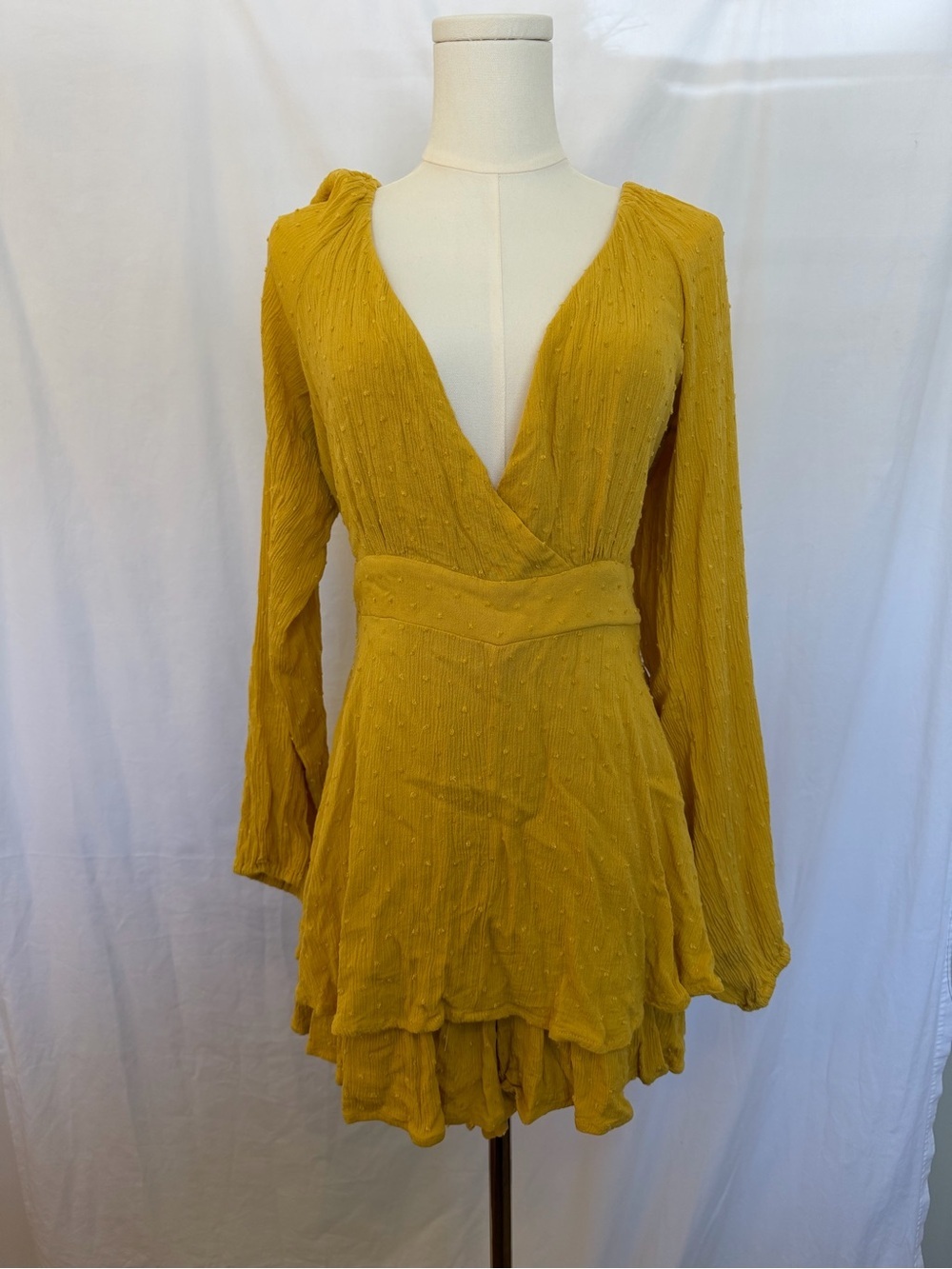 Fashion Nova Mustard Long-Sleeve V-Neck Romper